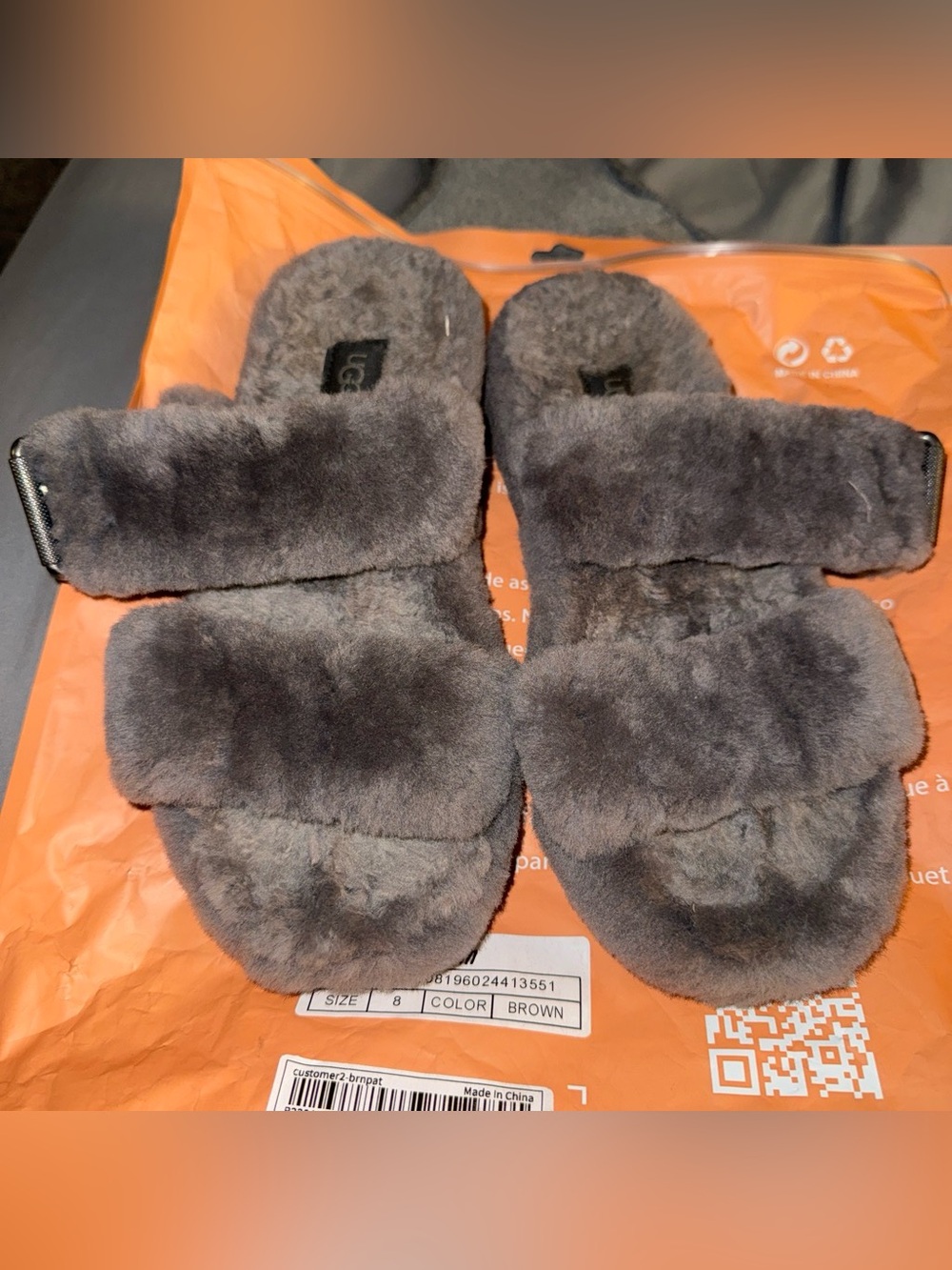 UGG gray Plush Double-Band Slide Slippers